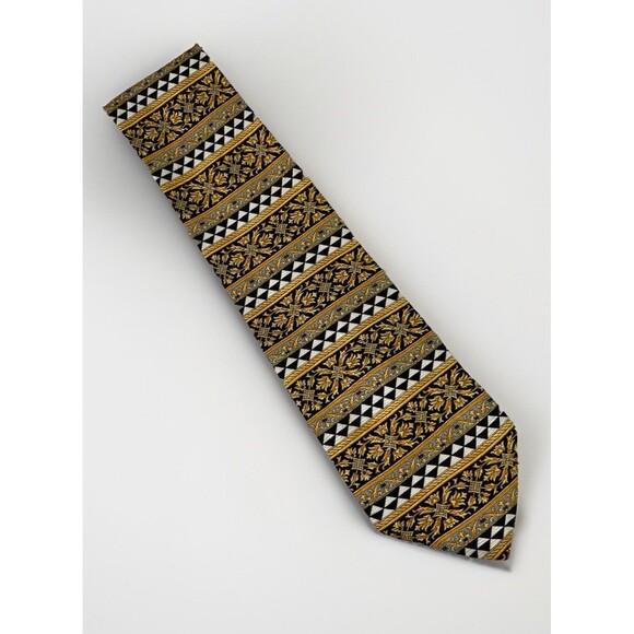 V2 by Versace Men’s Tie 100% Silk Gold Black Geometric Luxury Designer Italy - Picture 1 of 7